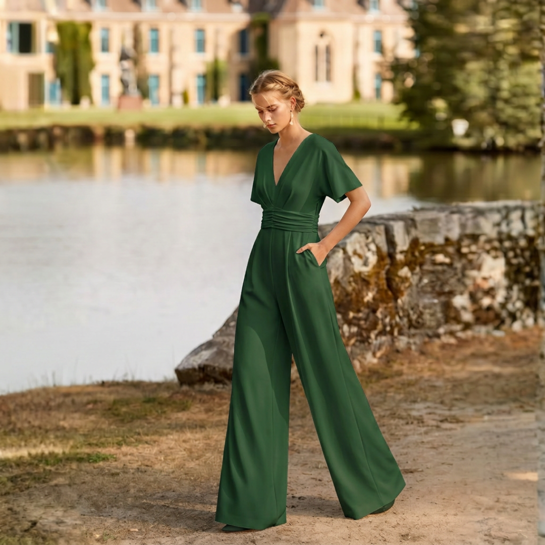 Combinaison verte jambes larges col V en plein air