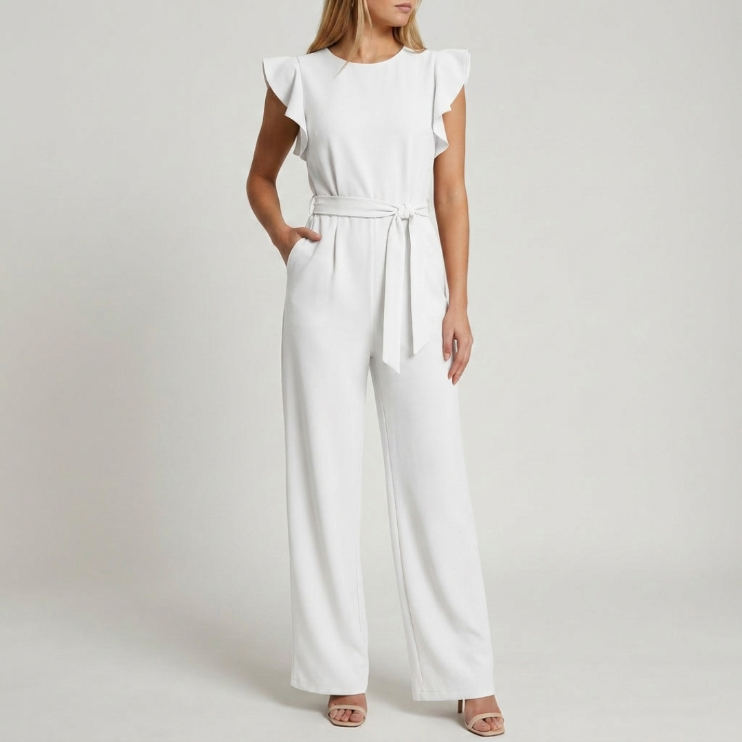 Combinaison femme blanc à volants, coupe large palazzo