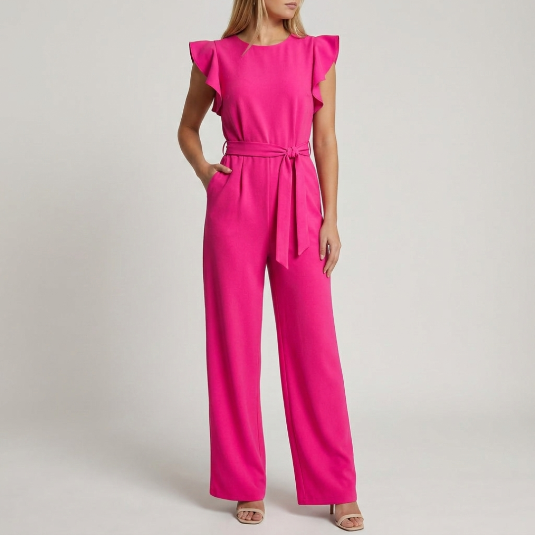 Combinaison femme rose fuchsia à volants, coupe large palazzo