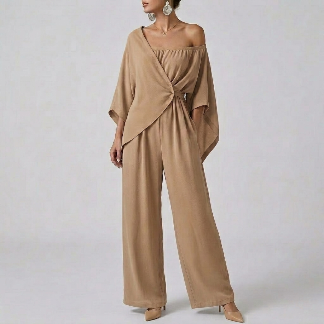 Combinaison femme kaki épaule dénudée jambes larges vue entière