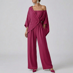 Combinaison femme rose rouge tissu fluide jambes larges vue entière
