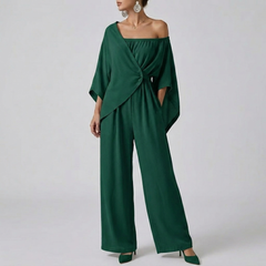 Combinaison femme vert épaule dénudée manches amples vue face