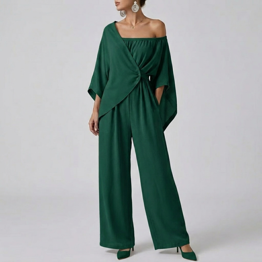 Combinaison femme vert épaule dénudée manches amples vue face