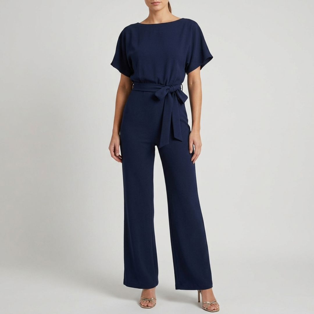 Combinaison femme bleu marine col bateau ceinture cravate coupe ample