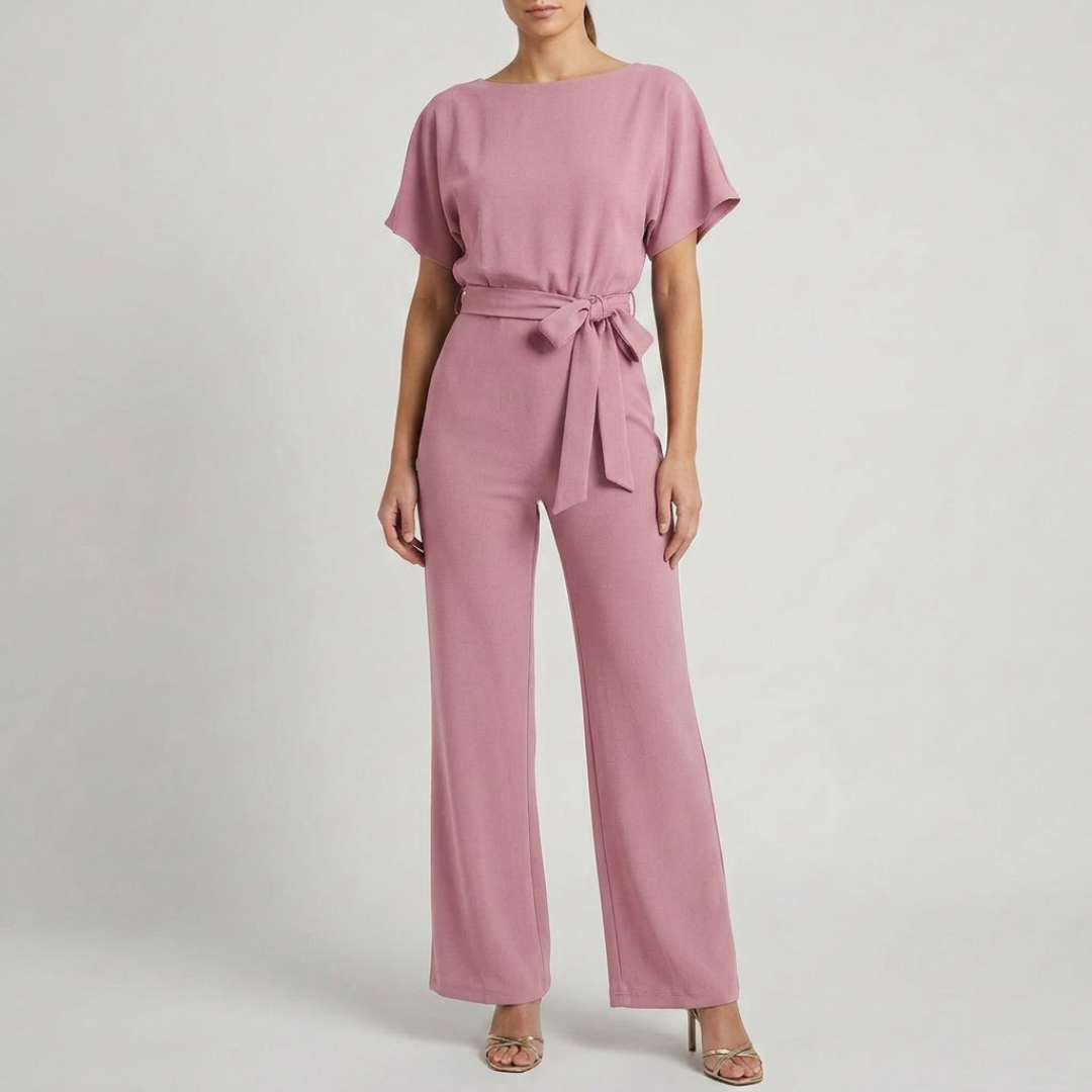 Combinaison femme rose ceinture à nouer col bateau jambes larges