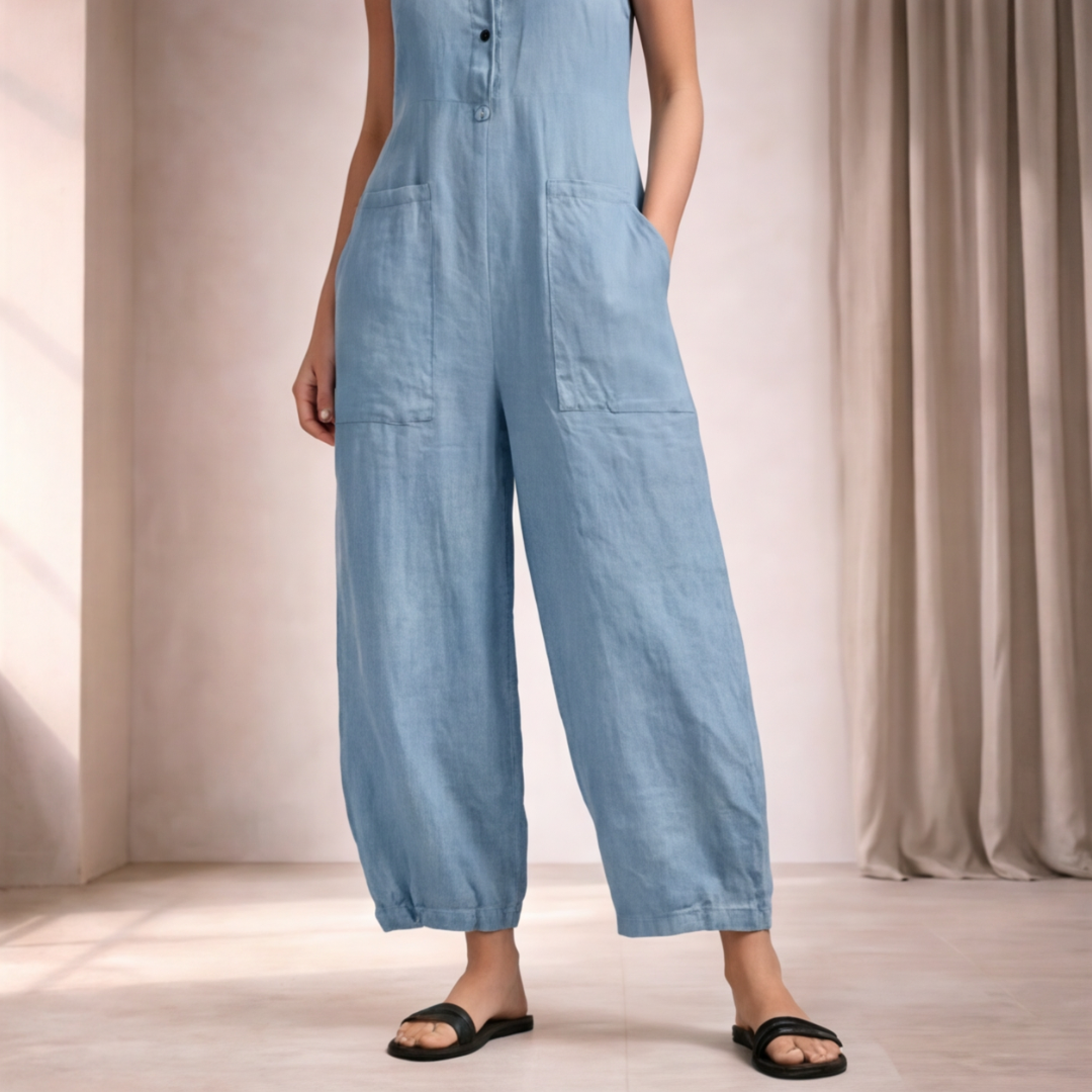 Combinaison bleue jambes larges vue de côté, détail coupe ample