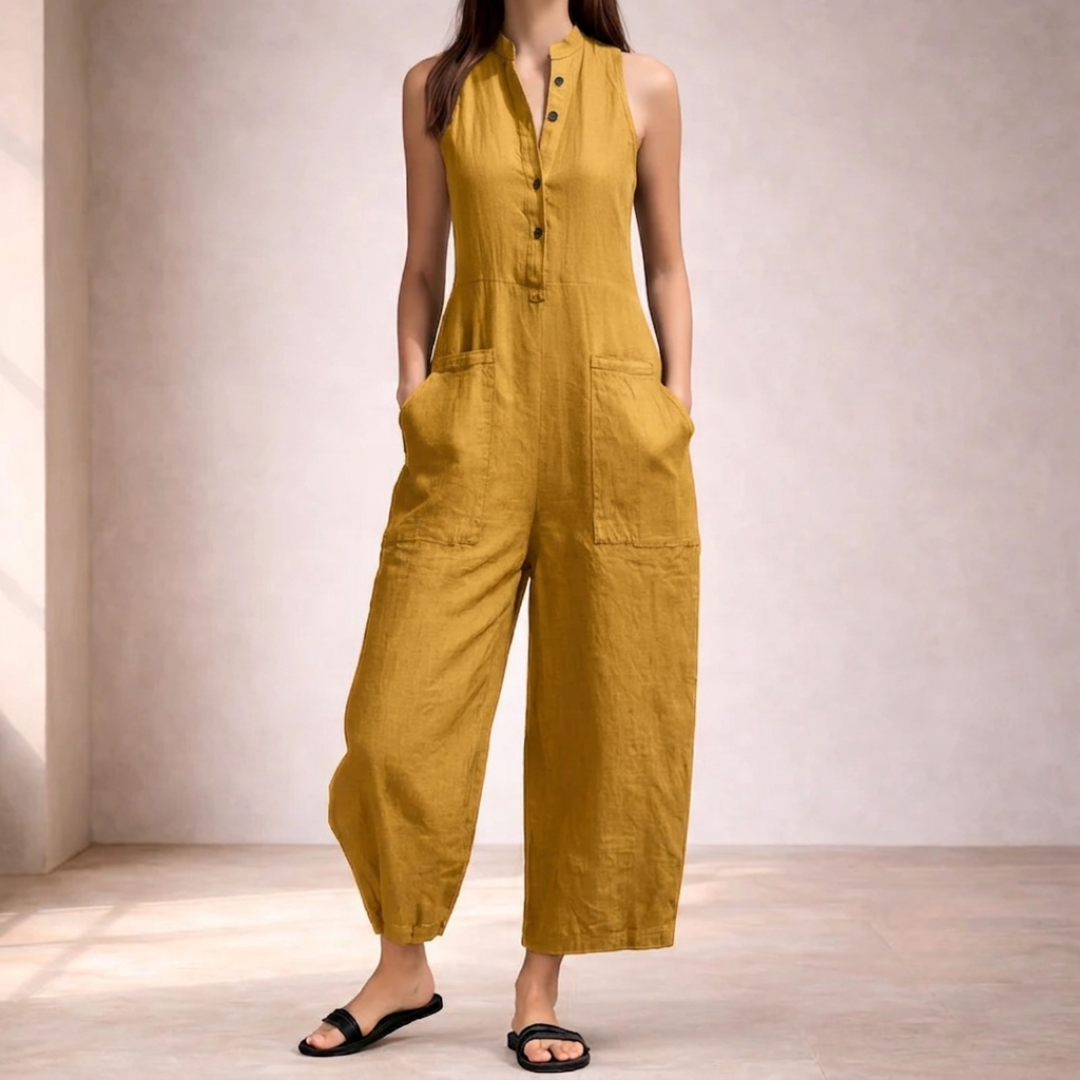 Combinaison femme large sans manches en jaune moutarde, vue de face