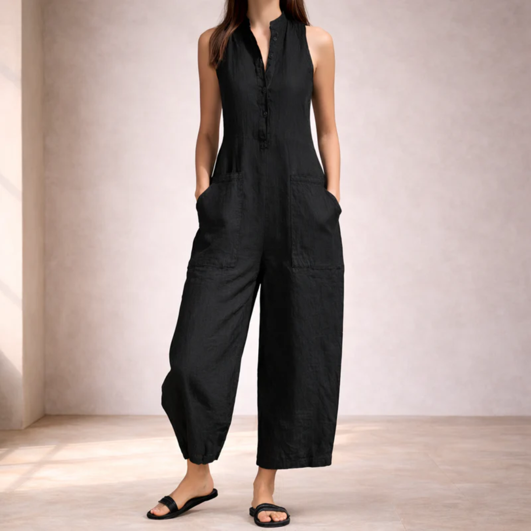 Combinaison Lila noire à jambes larges, silhouette élancée vue de face
