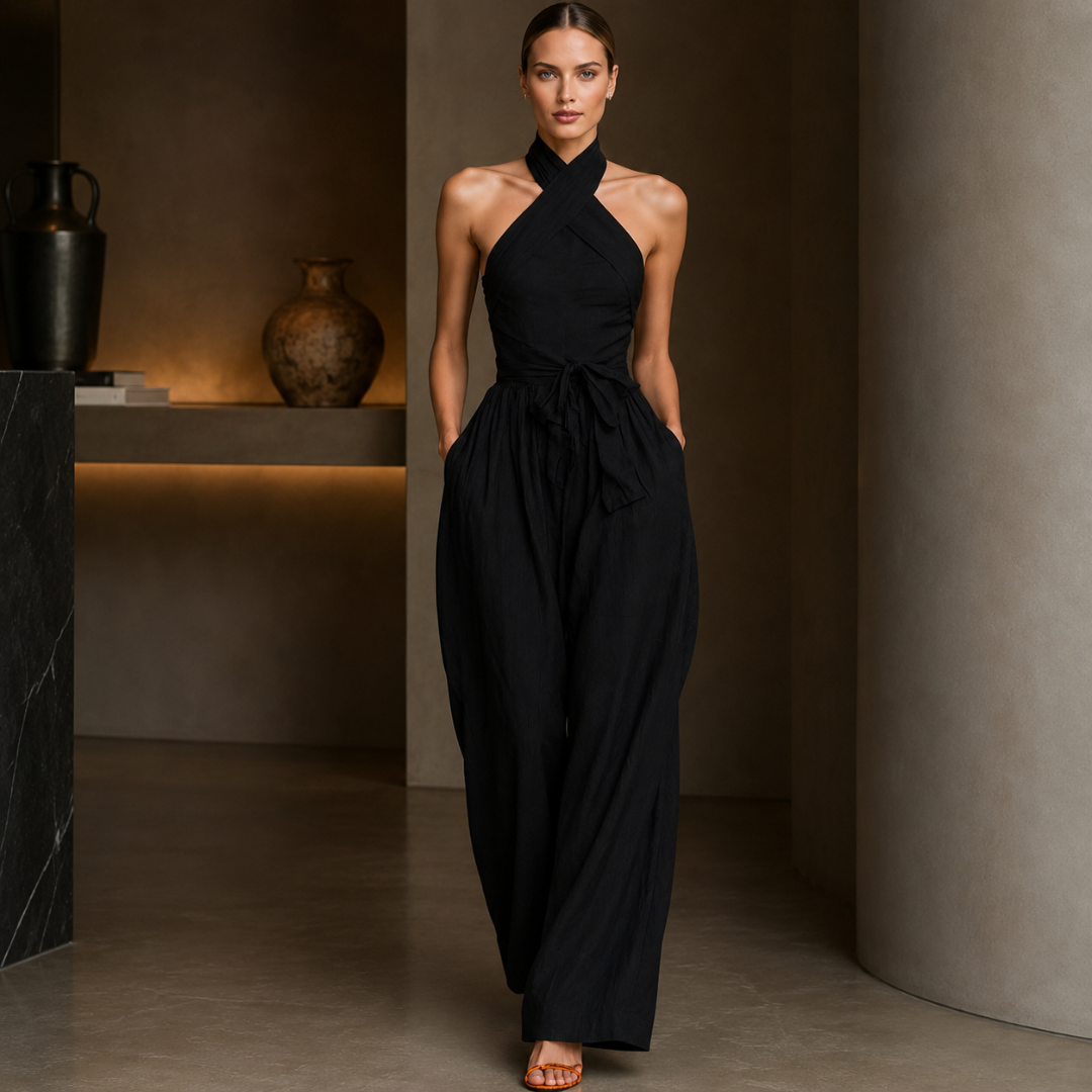 Combinaison noire à col halter, ambiance intérieure élégante et épurée