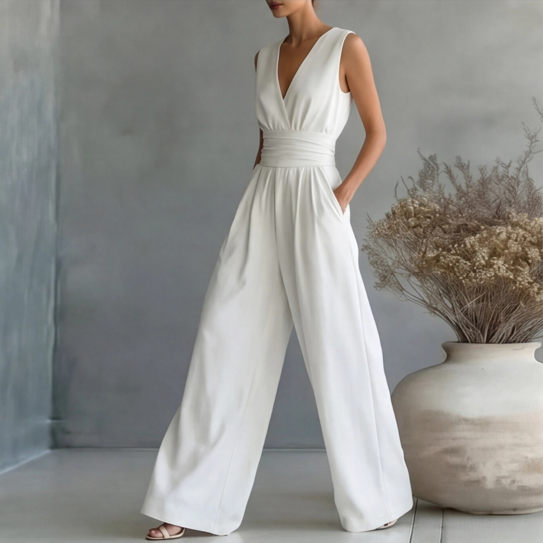 Combinaison longue femme col V fluide sans manches blanc été