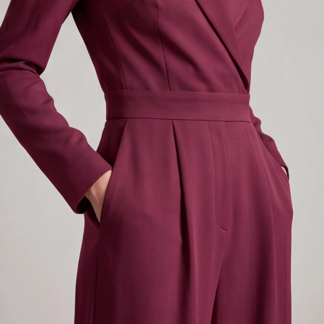 Détail de la taille ceinturée et des poches d'une combinaison bordeaux