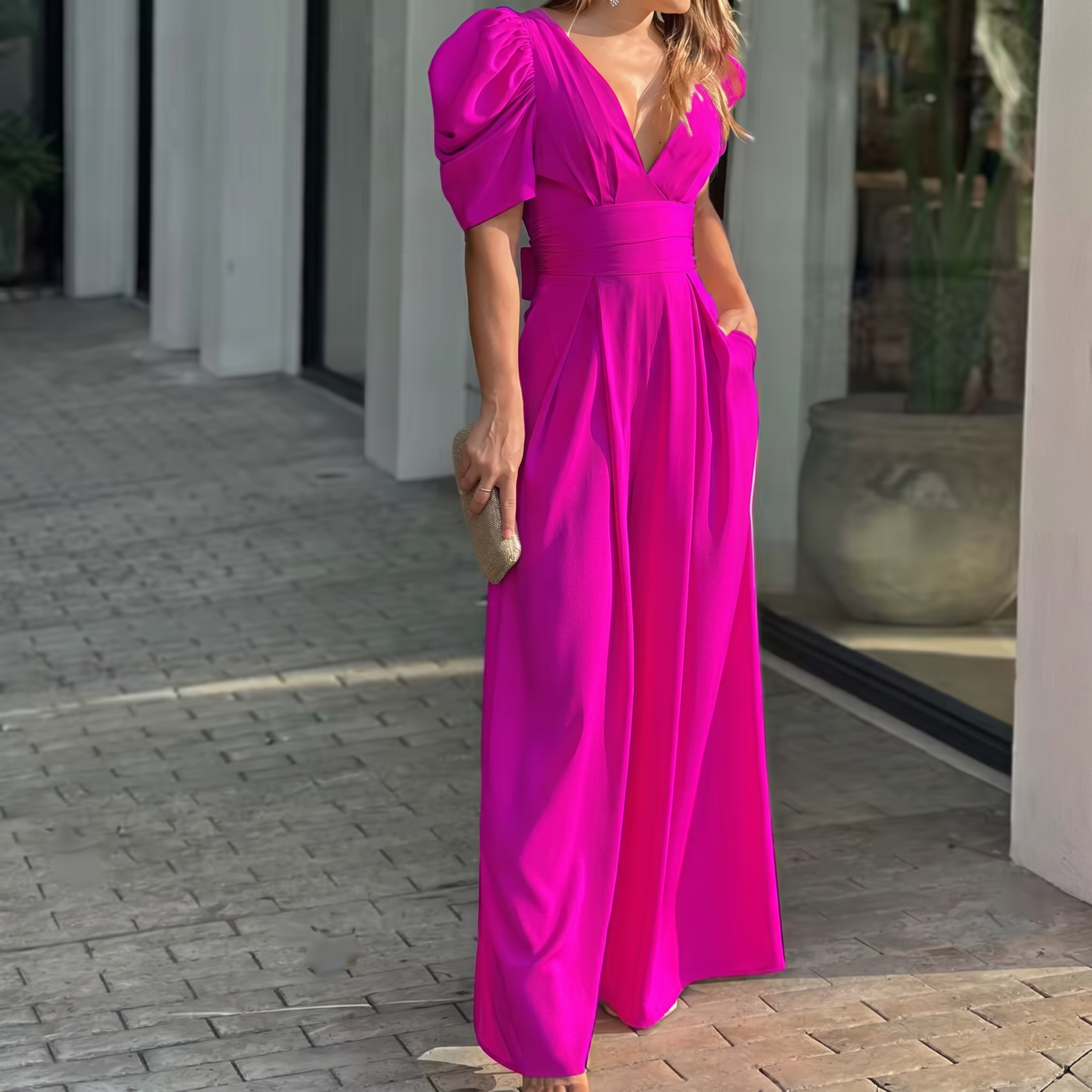 Combinaison longue femme fuchsia manches bouffantes, silhouette entière