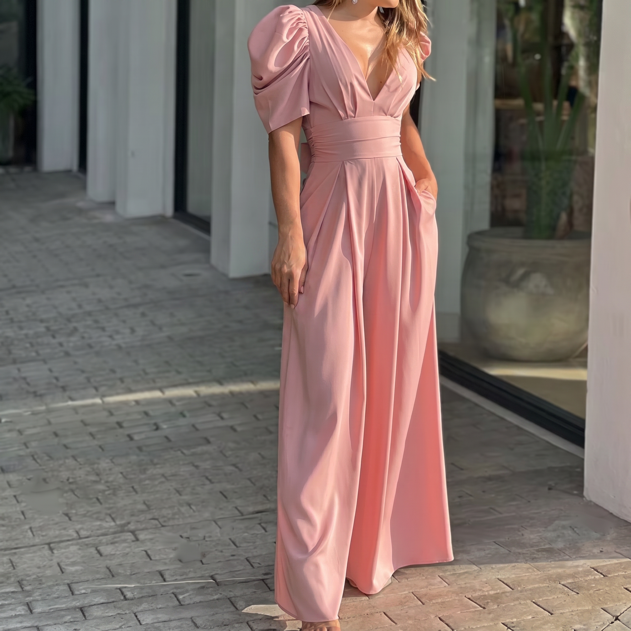 Combinaison longue femme rose col V coupe fluide, vue de face