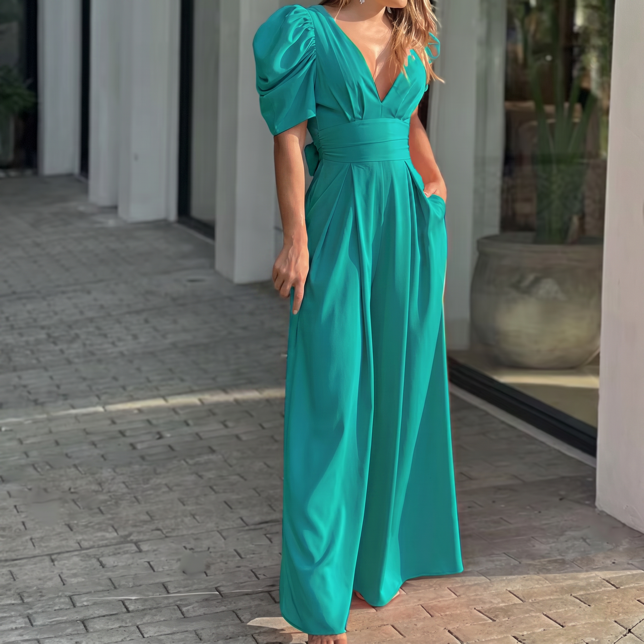 Combinaison longue femme turquoise col V manches bouffantes