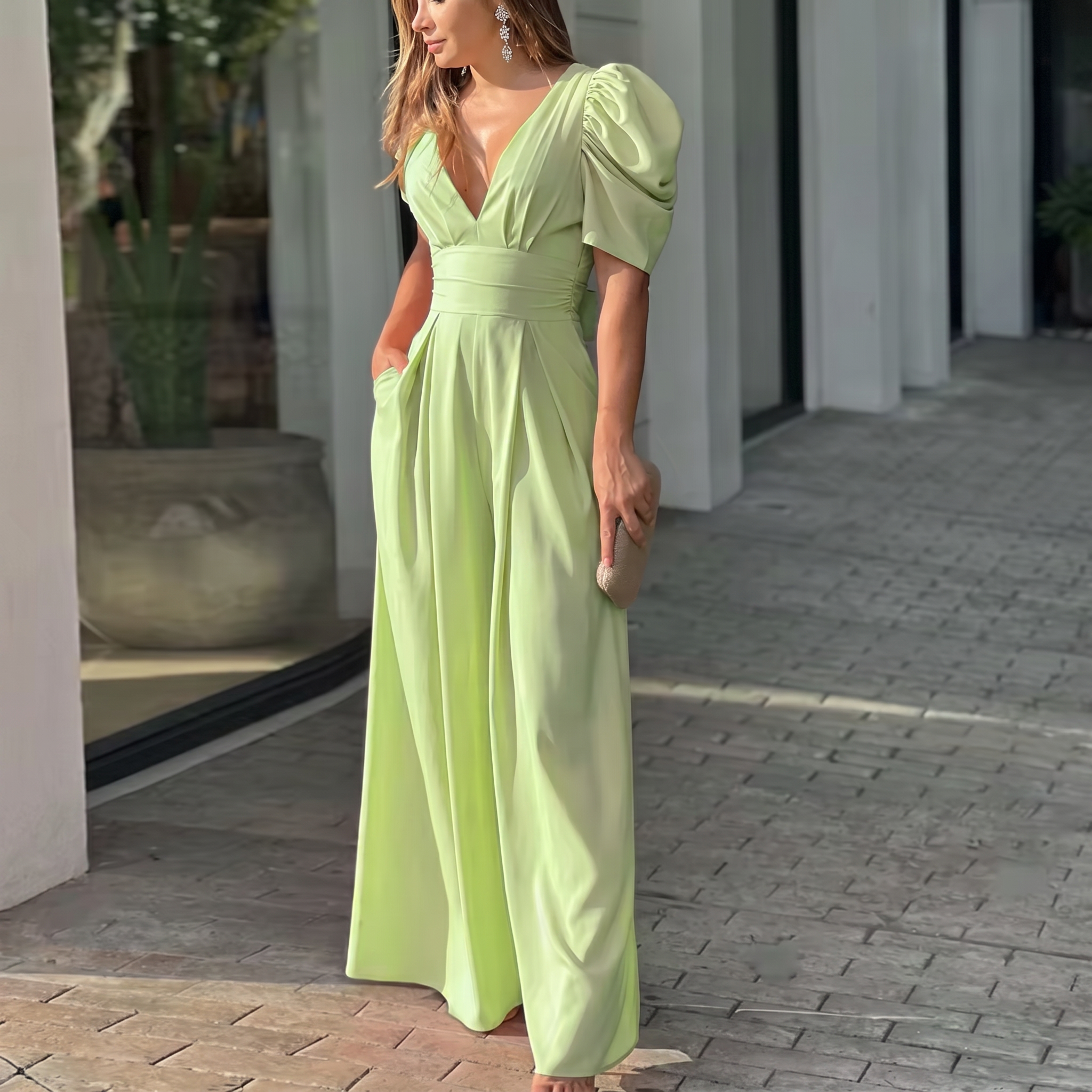Combinaison longue femme vert clair col V manches bouffantes, vue de face