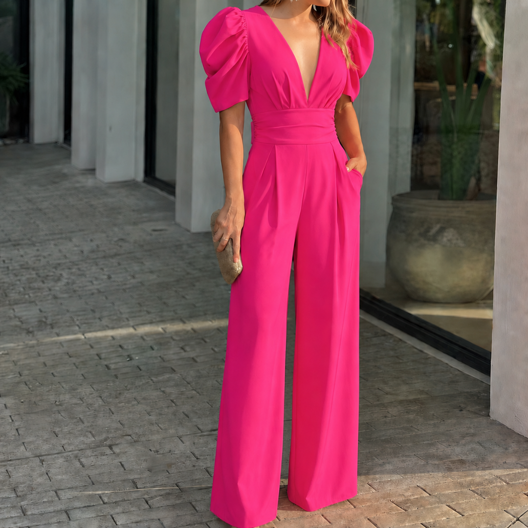 Combinaison longue fuchsia col V plongeant, taille froncée et jambes larges