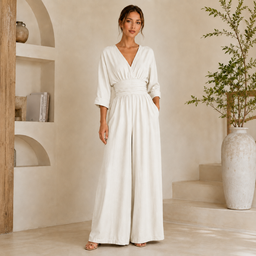 Combinaison longue femme blanc, col V et jambes larges, vue de face