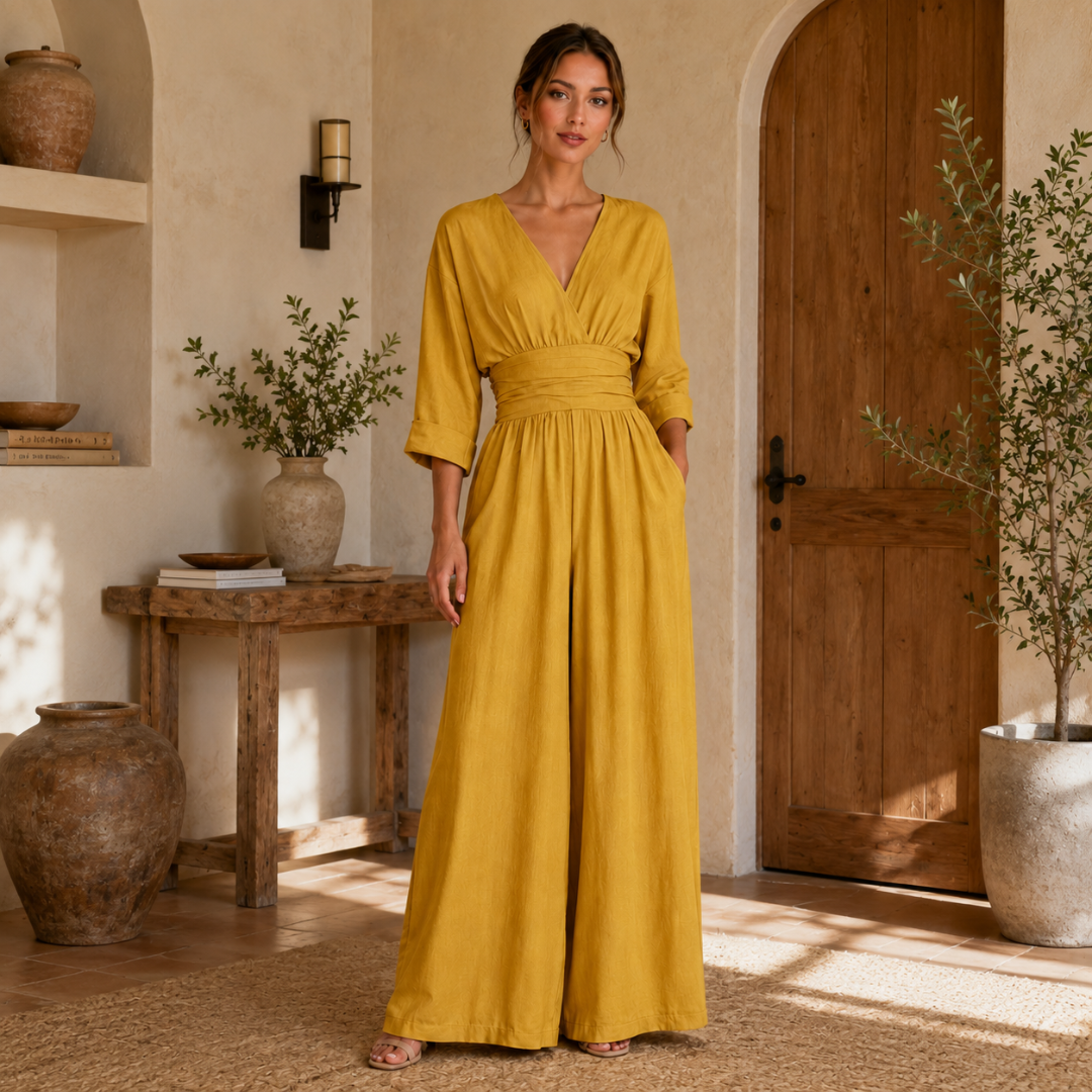 Combinaison longue jaune femme col V, silhouette fluide et élégante