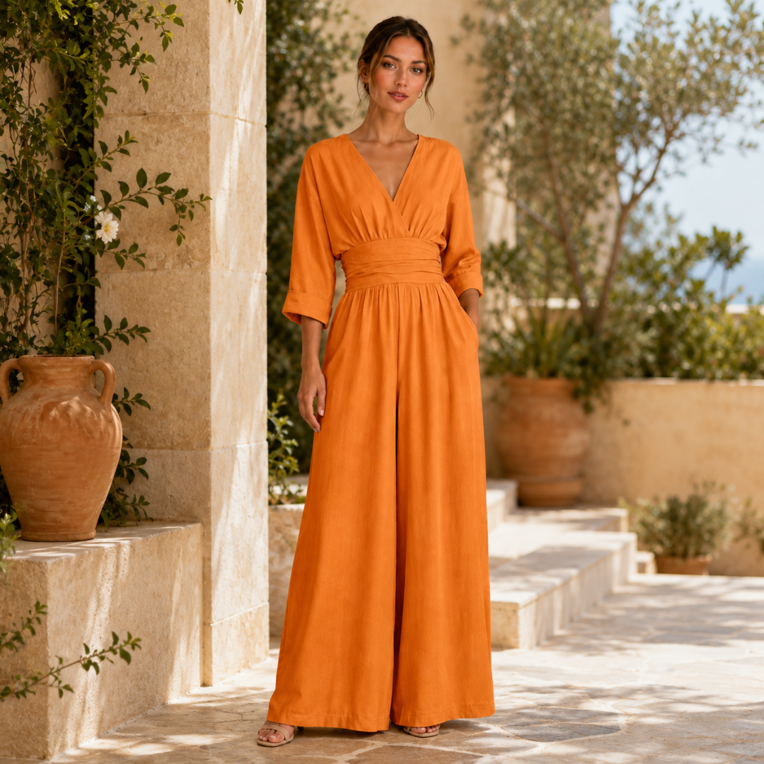 Combinaison longue orange col V, coupe fluide avec ceinture froncée