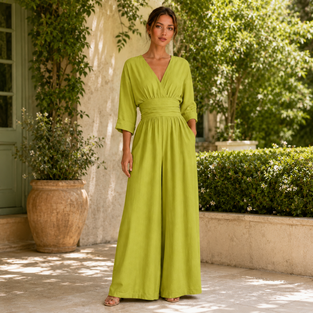 Combinaison femme vert clair, jambes larges, style bohème estival
