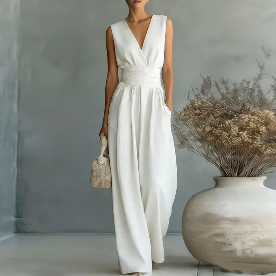 Combinaison longue femme blanc col en V profond avec ceinture large