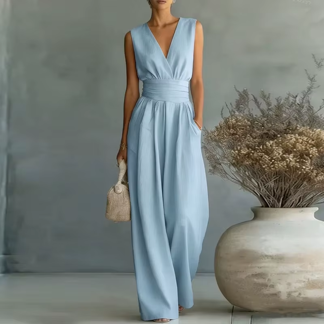 Combinaison jumpsuit femme bleu clair sans manches jambes larges