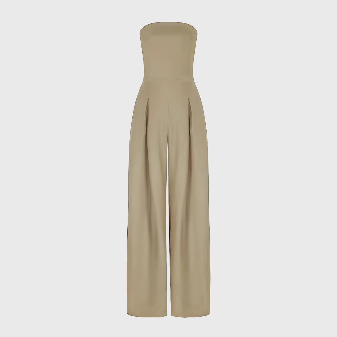 Combinaison palazzo sans bretelles beige sable fond blanc vue de face