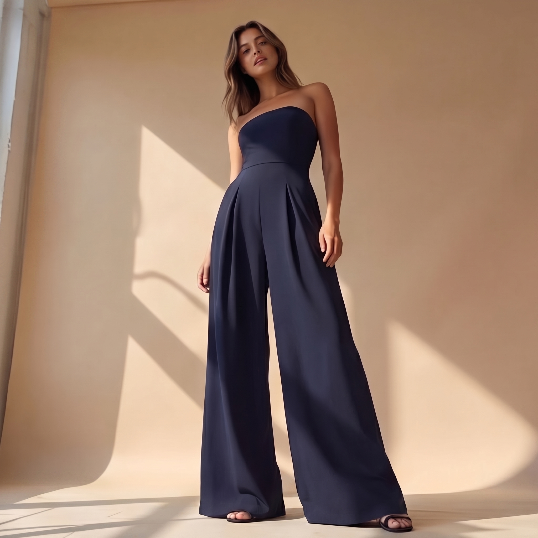 Combinaison sans bretelles bleu marine détail taille haute et jambe large
