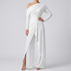 Combinaison blanche femme one-shoulder manches longues jambes larges