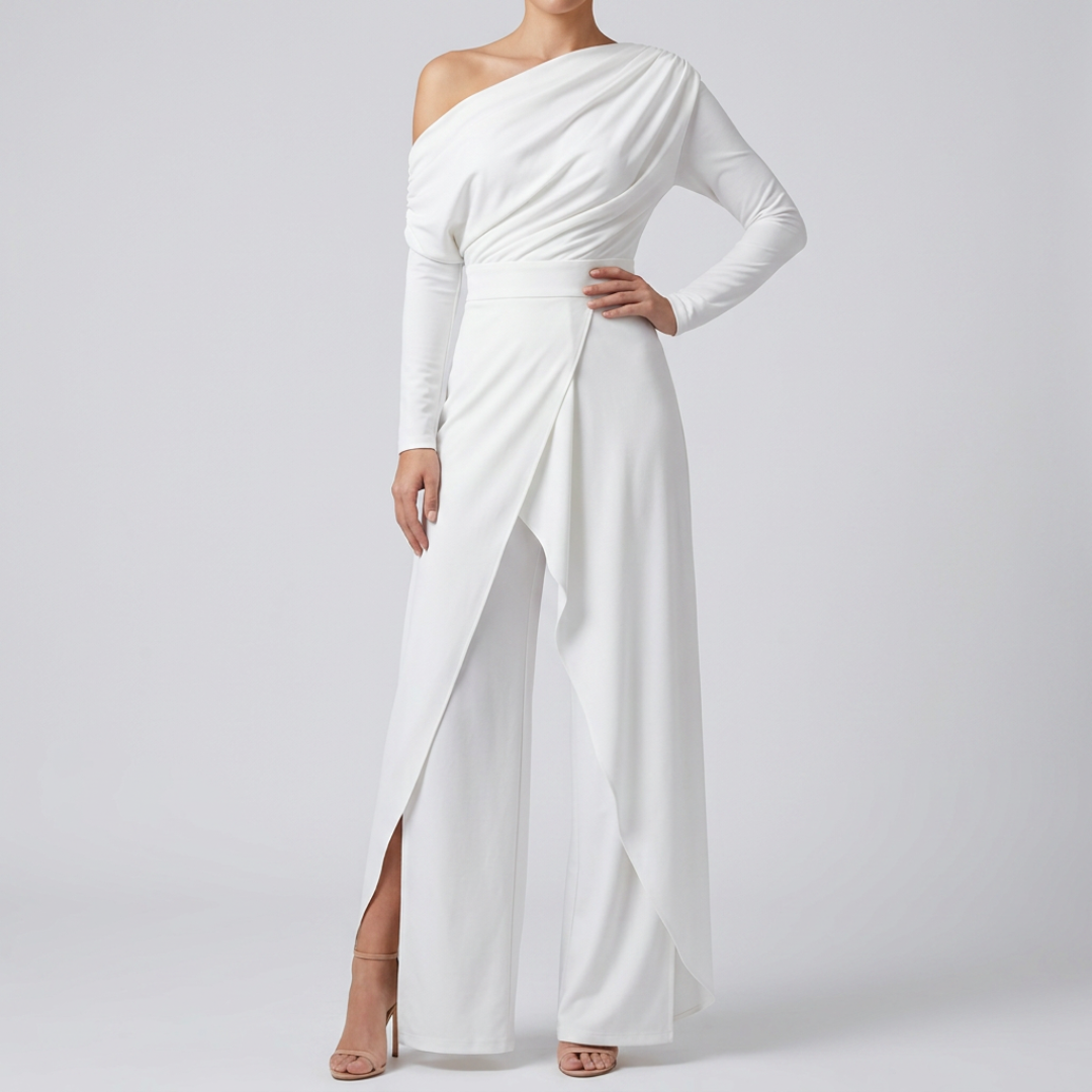 Combinaison blanche femme one-shoulder manches longues jambes larges