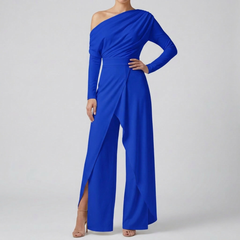 Combinaison bleue femme one-shoulder manches longues jambes larges vue de face
