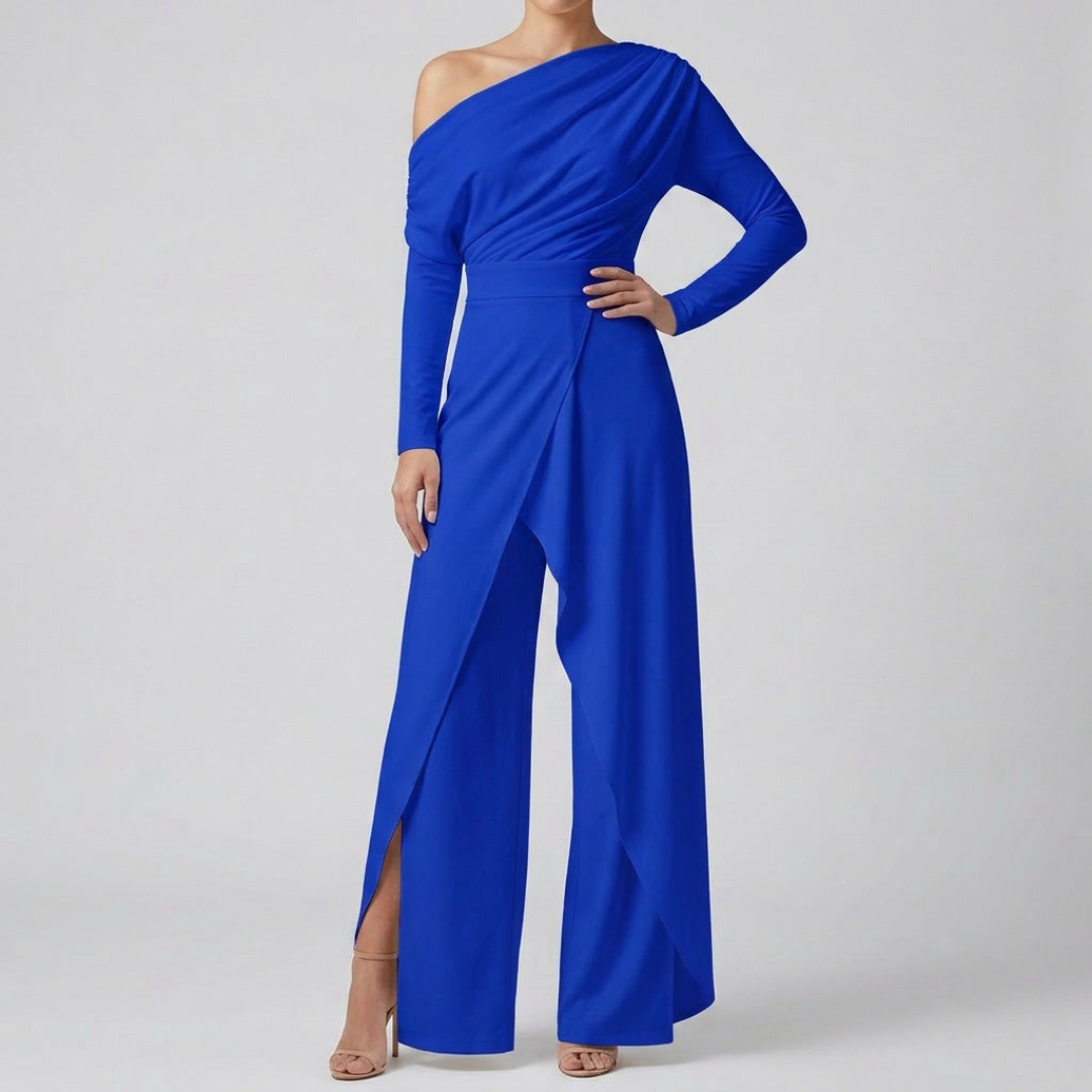 Combinaison bleue femme one-shoulder manches longues jambes larges vue de face