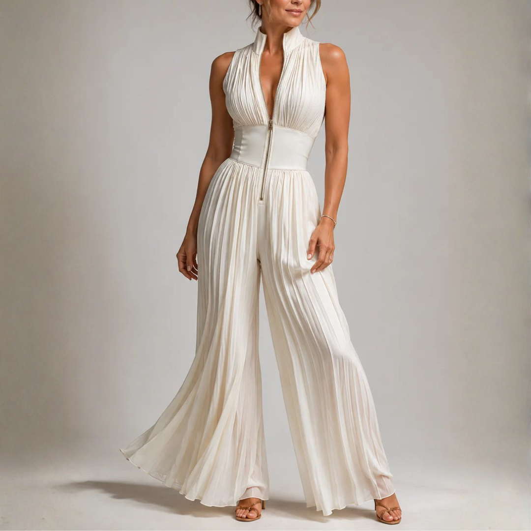 Combinaison femme blanche col halter plissée vue de face