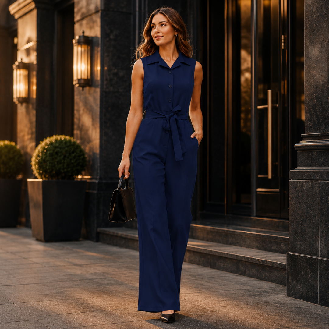 Gros plan sur la combinaison bleu marine, col chemise et boutons visibles