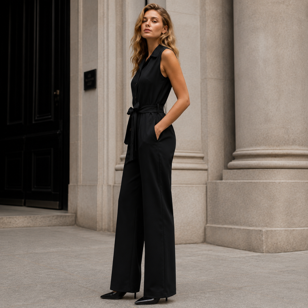 Gros plan sur la combinaison noire, col chemise et détails boutonnés