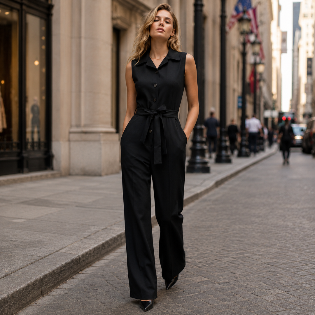 Femme marchant en combinaison noire, silhouette élégante en pleine rue