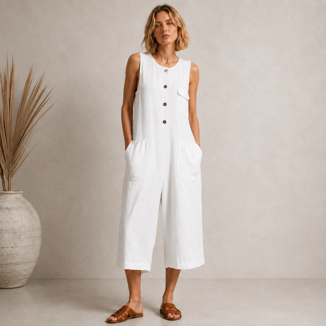 Combinaison femme blanche sans manches boutonnée, style bohème lumineux