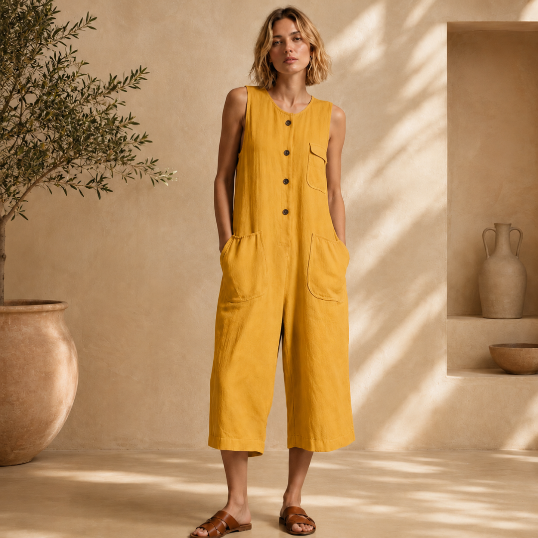Combinaison femme jaune moutarde col rond, allure estivale ensoleillée