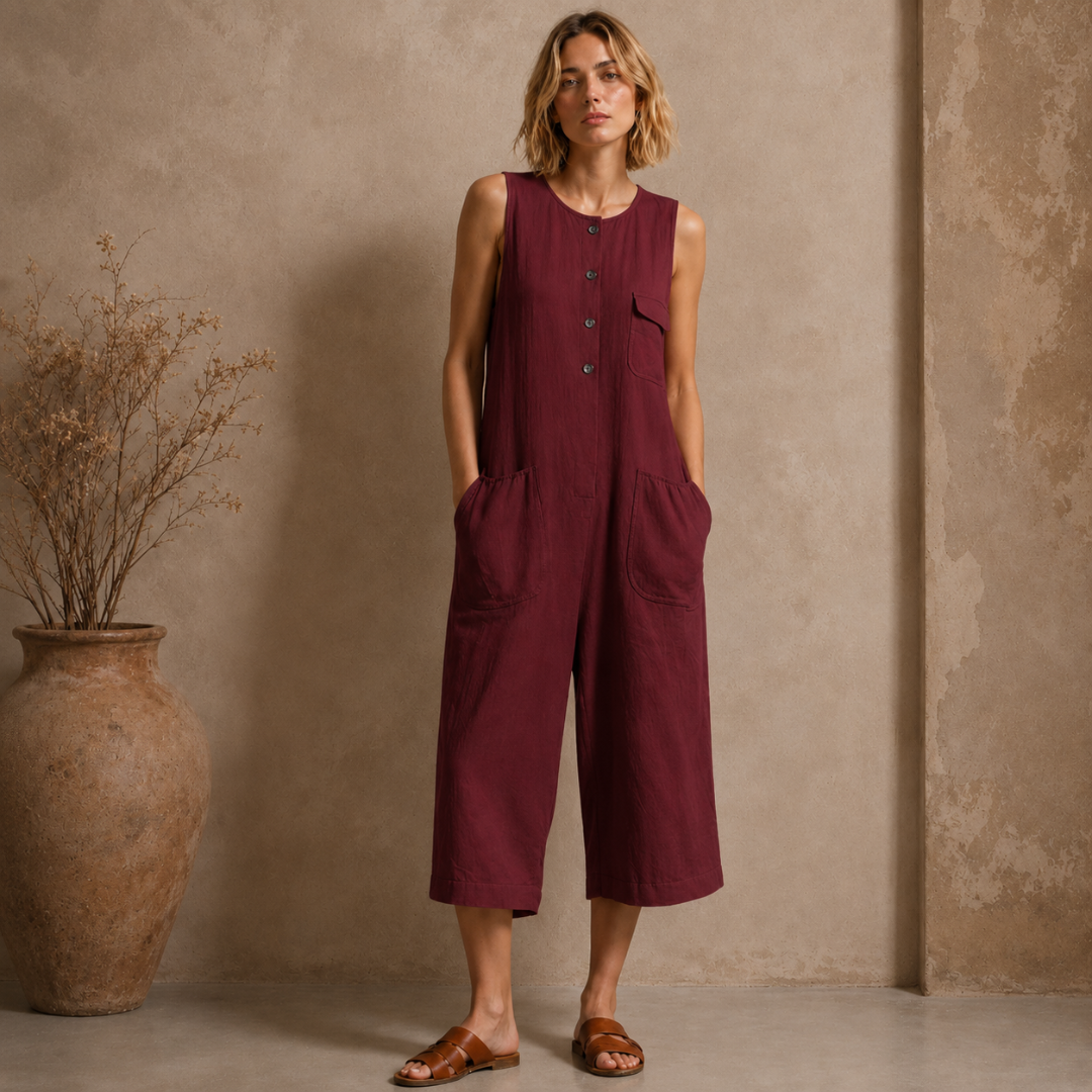 Combinaison femme rouge bordeaux jambe large, coupe fluide et féminine