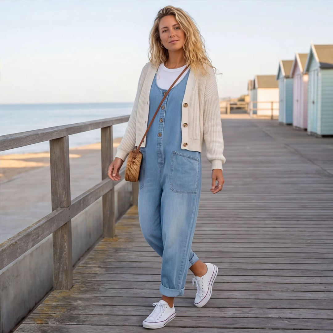 Combinaison jean Fiona bleu silhouette complète sur promenade, lunettes de soleil