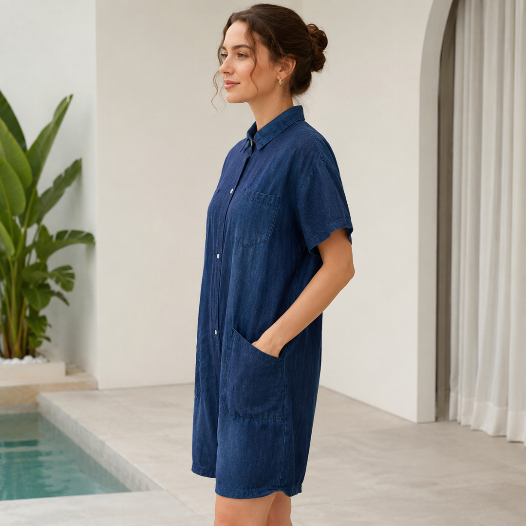 Combishort femme effet jean bleu de profil, poche plaquée et manches courtes