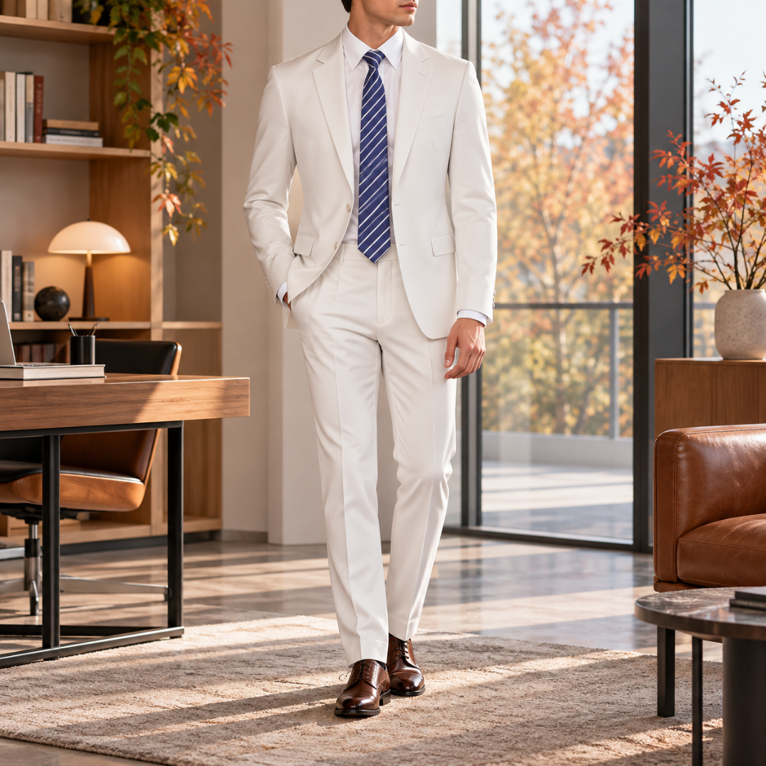Costume homme blanc, veste à col cranté et pantalon droit, vue de face