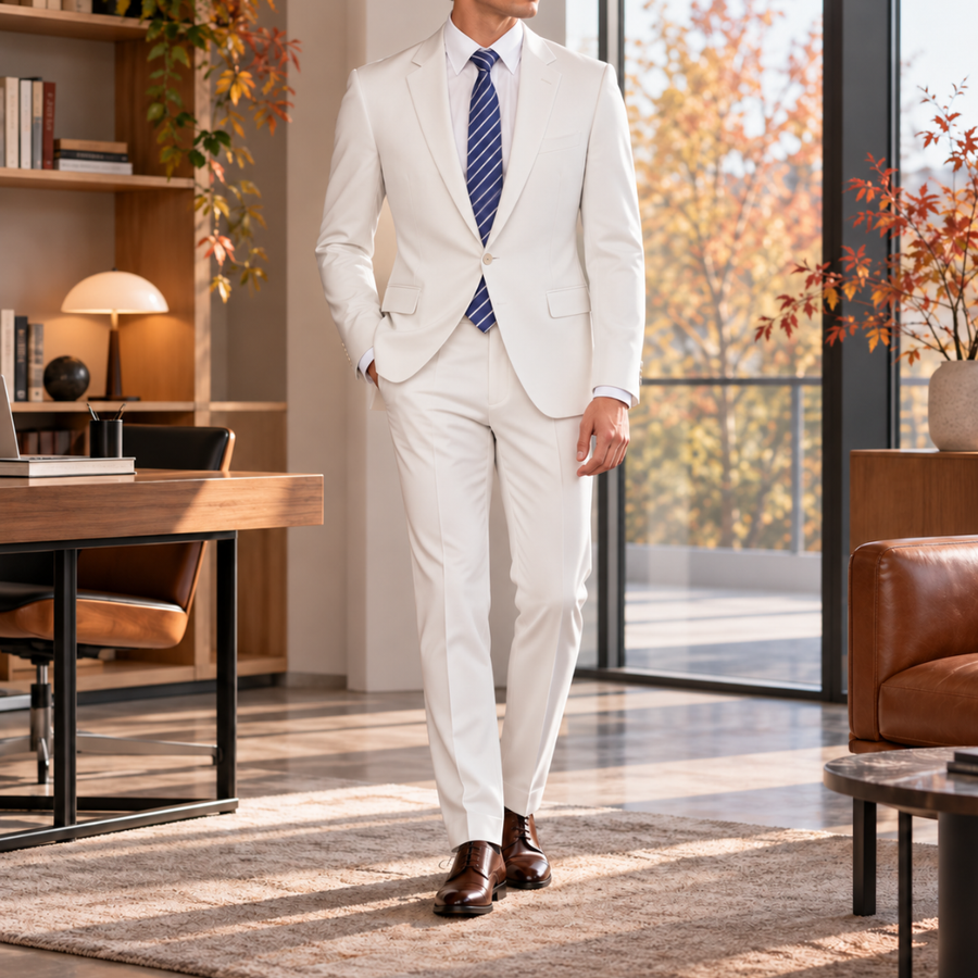 Costume deux pièces blanc pour homme, veste un bouton et cravate rayée bleue