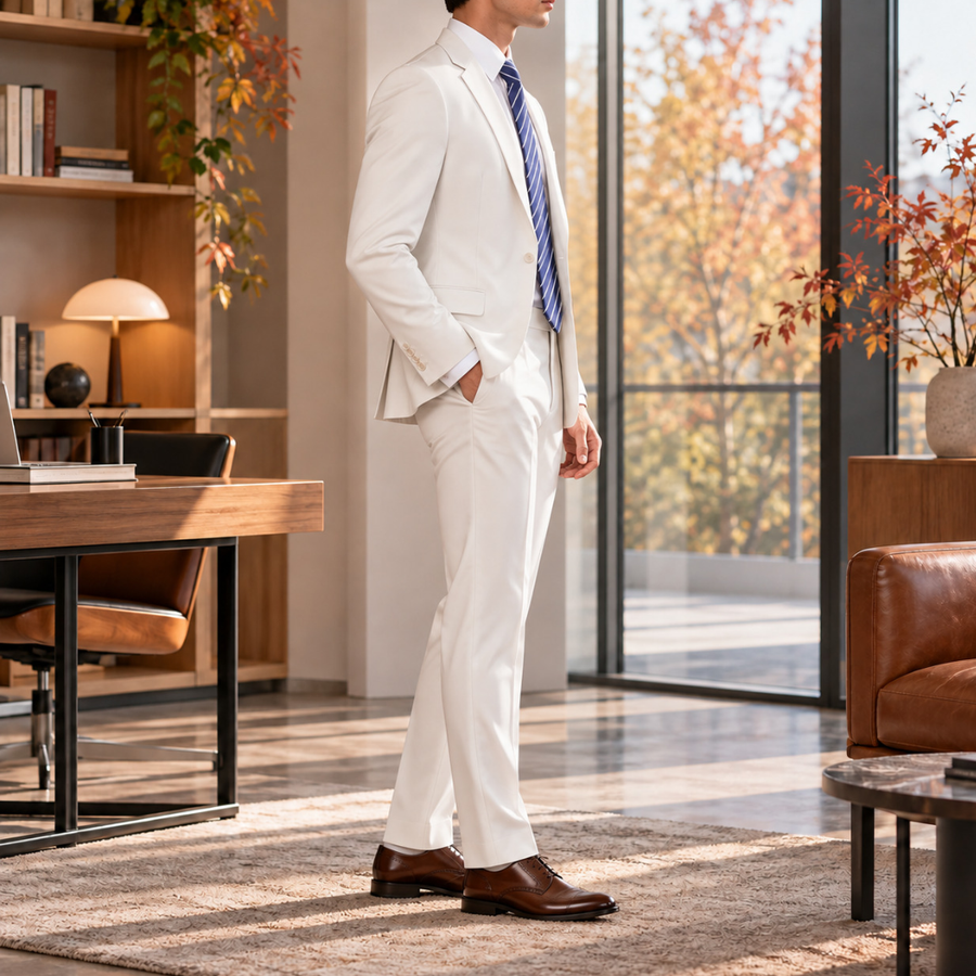 Costume homme blanc vu de profil, veste cintrée et pantalon à pli marqué