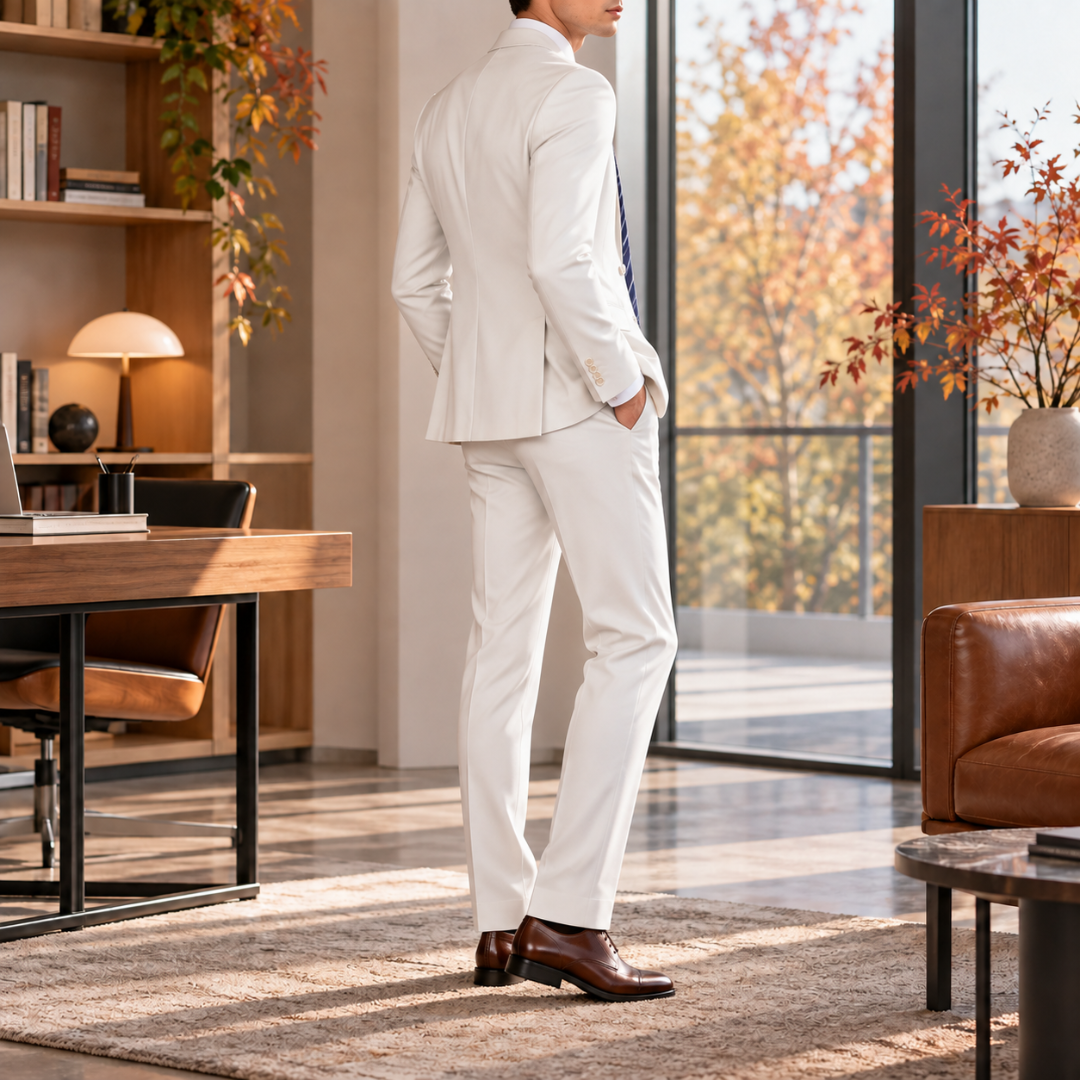 Costume homme blanc vu de trois quarts dos, boutons visibles aux poignets