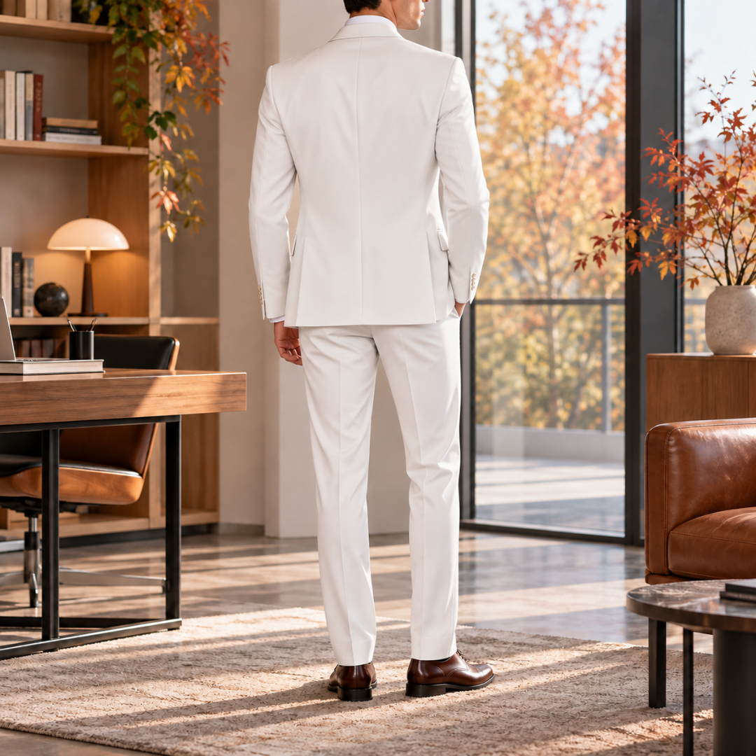 Dos du costume homme blanc, veste structurée et pantalon droit à plis marqués