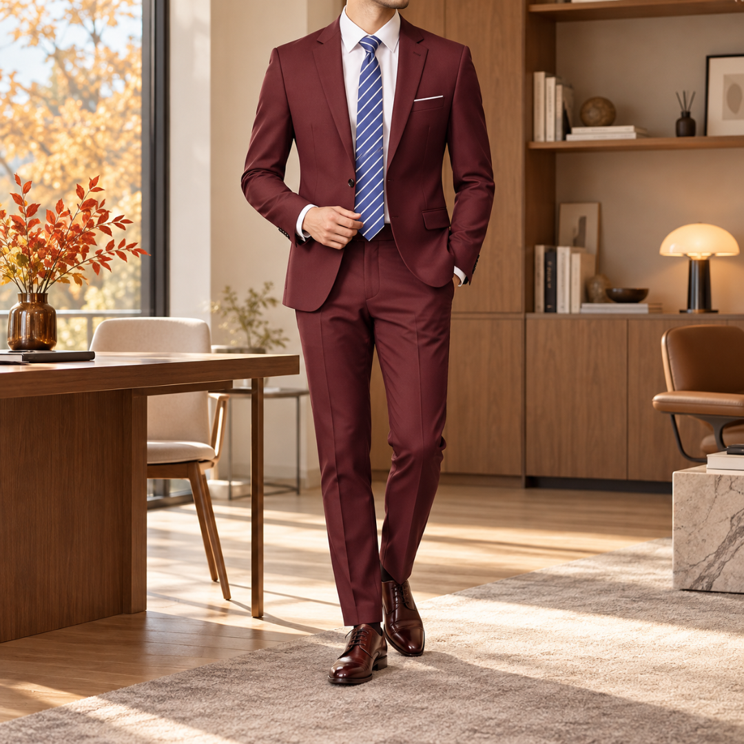 Costume homme bordeaux, veste à col cranté et pantalon droit à plis marqués