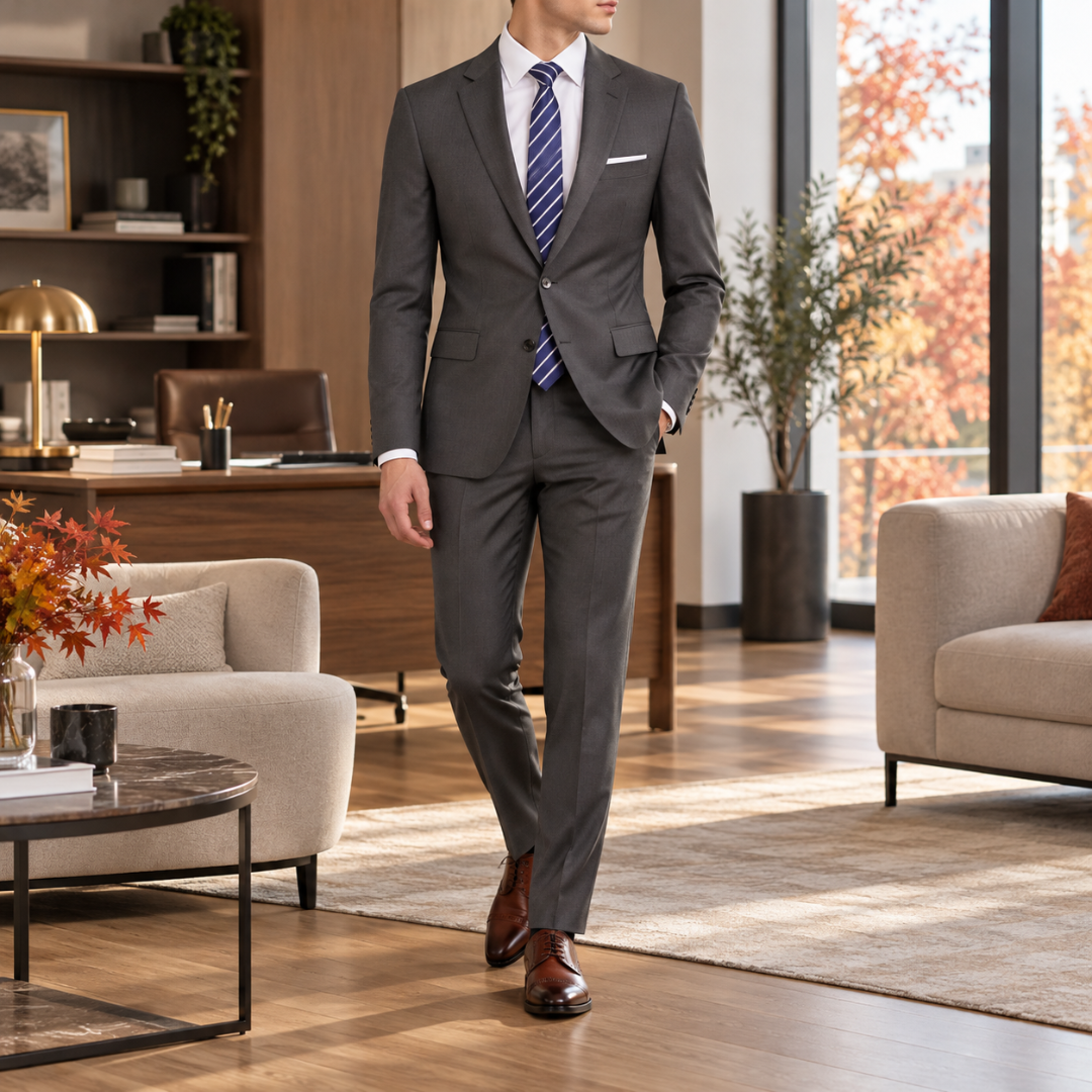 Costume homme gris foncé, veste deux boutons et pantalon droit habillé