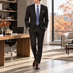 Costume homme noir, veste à poches à rabat et pantalon droit à plis