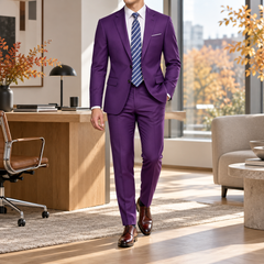 Costume homme violet, veste deux boutons et pantalon droit, derbies marron